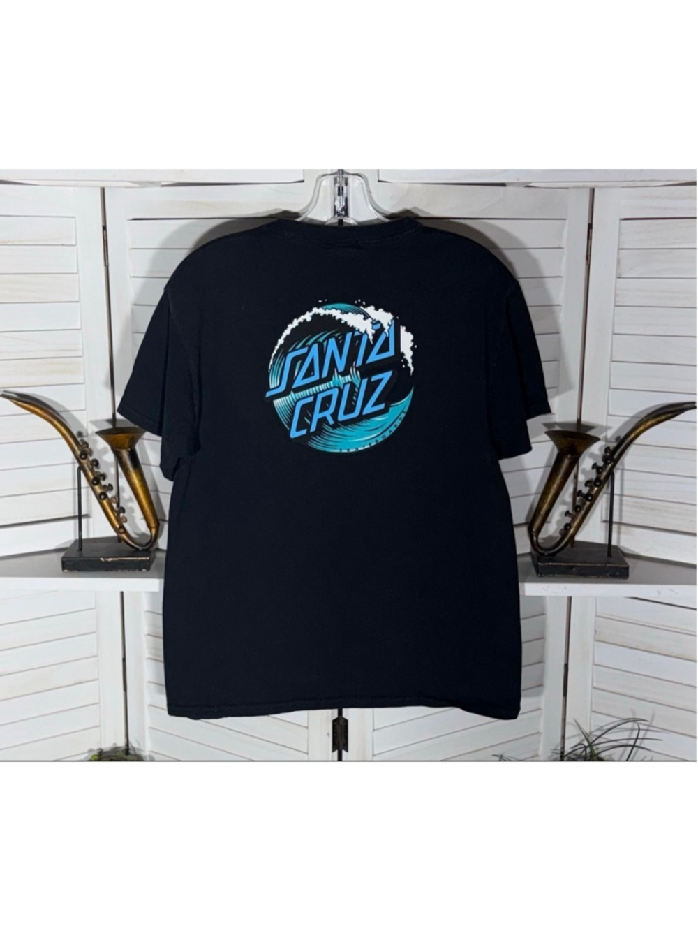 Santa Cruz T-shirt blue logo vintage ocean waves skater black cotton streetwear